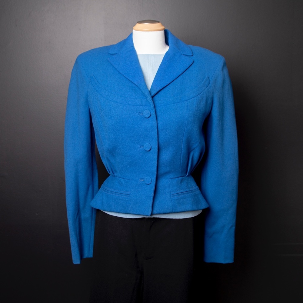 50s Blue Suit Jacket w/ Removable Real Fur collar